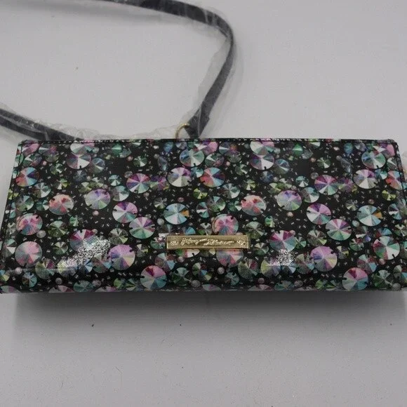 Betsey Johnson Rhinestone Print Mini Crossbody Envelope Bag Gold Chain Strap - Picture 5 of 8